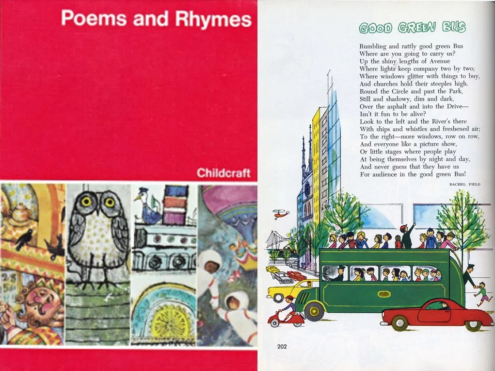 Cover and page from the Poems and Rhymes volume of the Childcraft encyclopedia. I first ran across this series when I was behind a mother at a thrift store checkout who was enthusiastically buying the whole set for her elementary-age daughter, telling her "We had this when I was young!" Definitely worth checking out the series.
