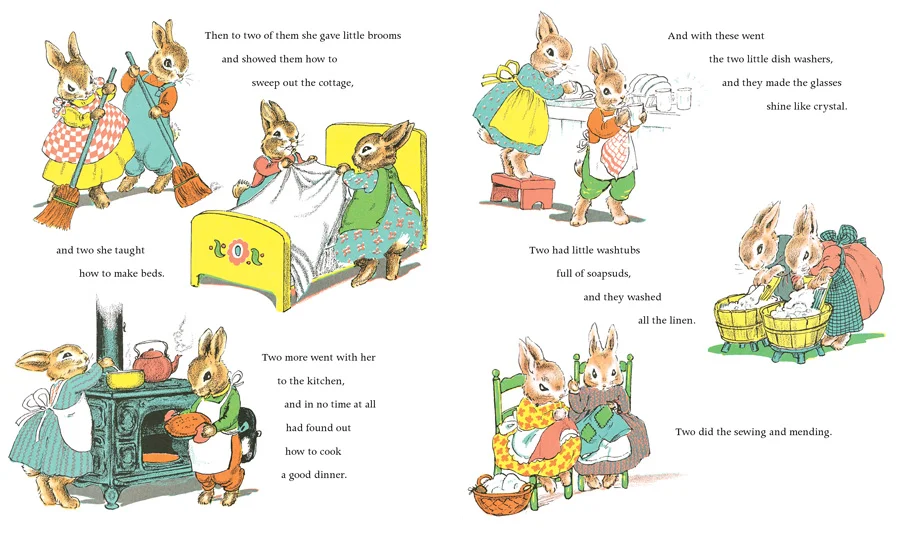 The country bunny doesn't play--she delegates the housework to her children!
