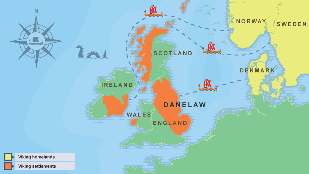 This map, from the BBC Bitesize page Who Were the Vikings , shows Viking settlements in Scotland, England, and Ireland.