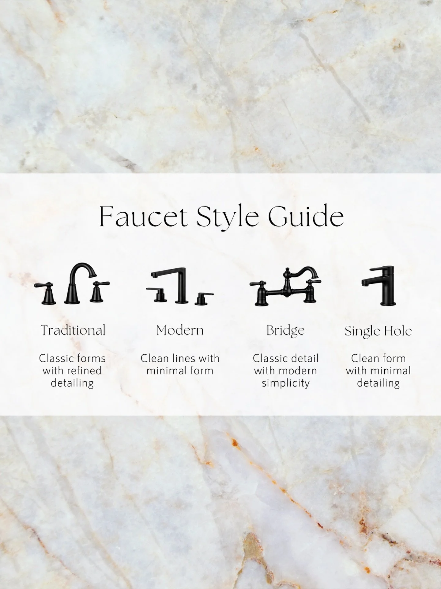 Four faucet styles. Four different directions.

Traditional faucets lean into classic forms.
They often feature curved spouts, detailed handles, and a more decorative feel that pairs well with layered or timeless interiors.

Modern faucets focus on s