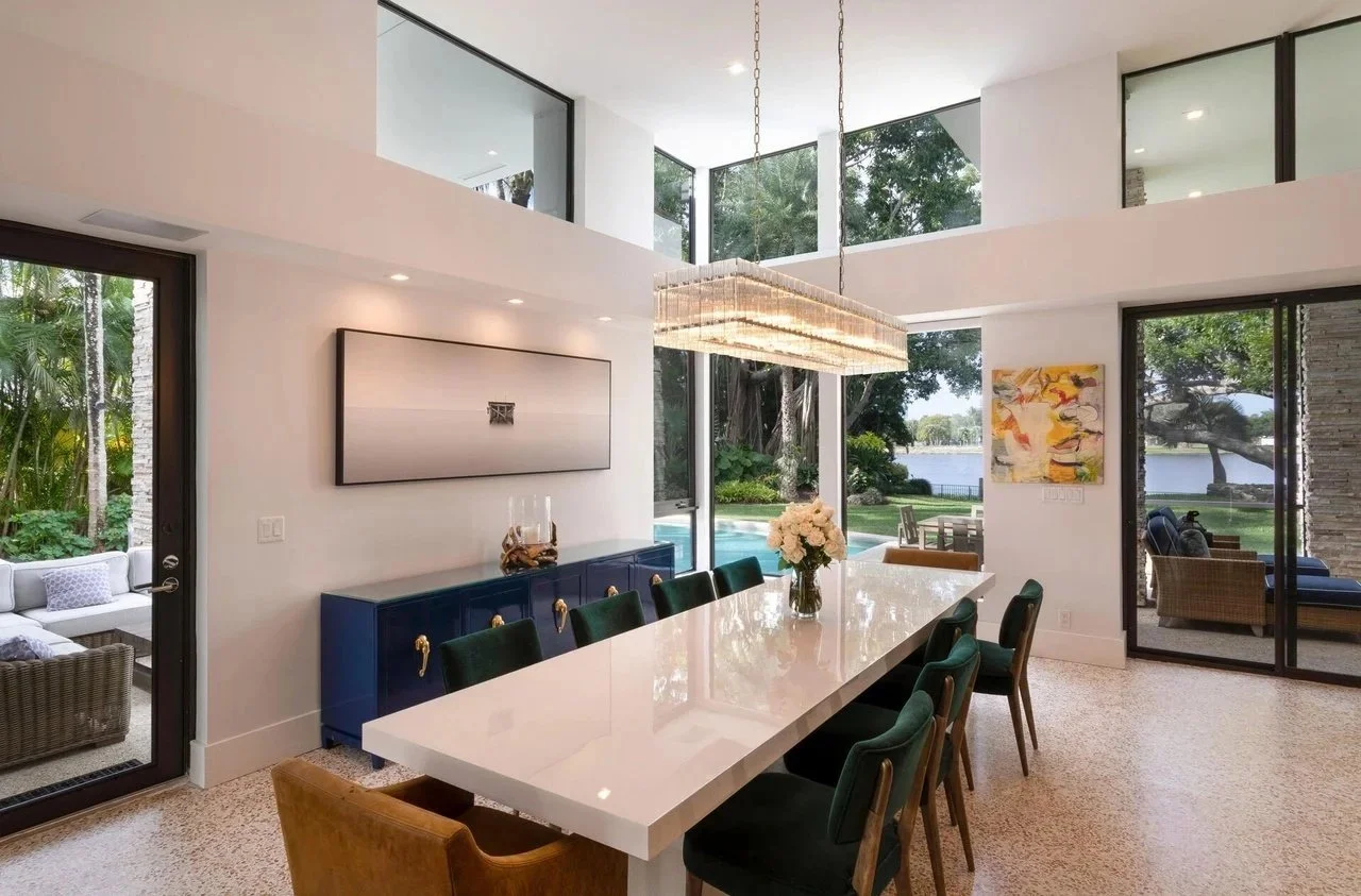 luxury dining room interior with layered neutral materials