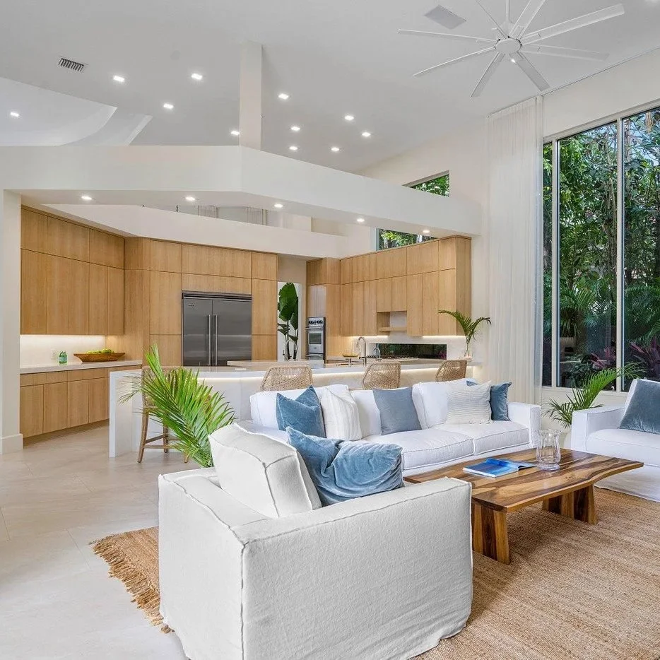 high end residential living room and kitchen with natural materials