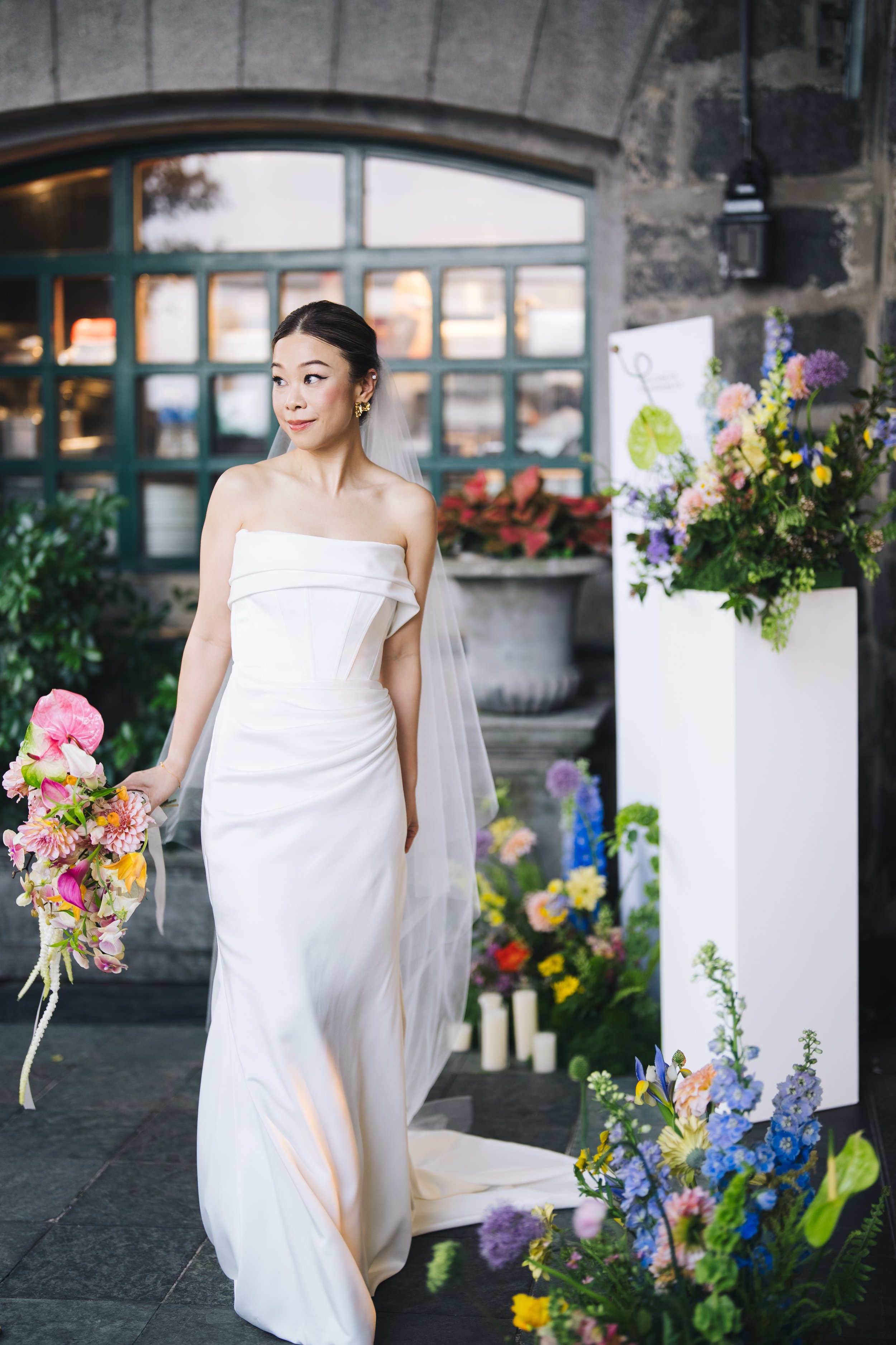 Phoebe arriving for her outdoor wedding ceremony at The Peak Lookout, Victoria Peak, Hong Kong.
