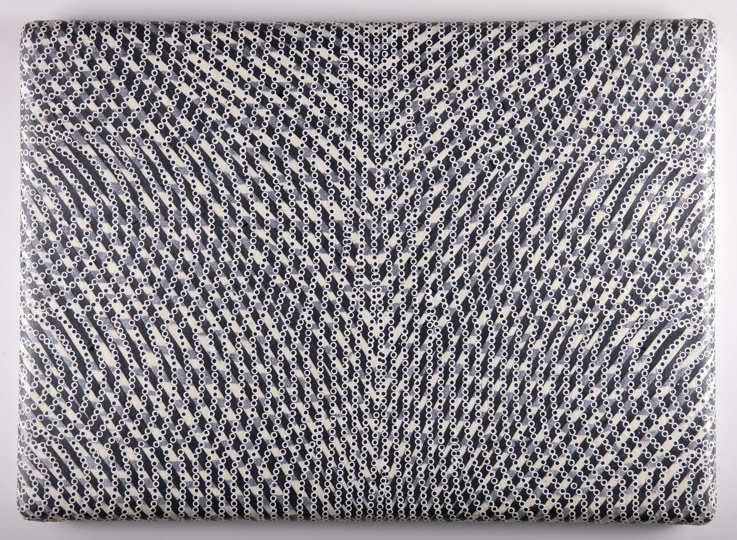 White Noise In A White Room, 2018 Acrylic, glitter and cut painted paper on canvas over shaped panel, 18.5 x 25.5 inches