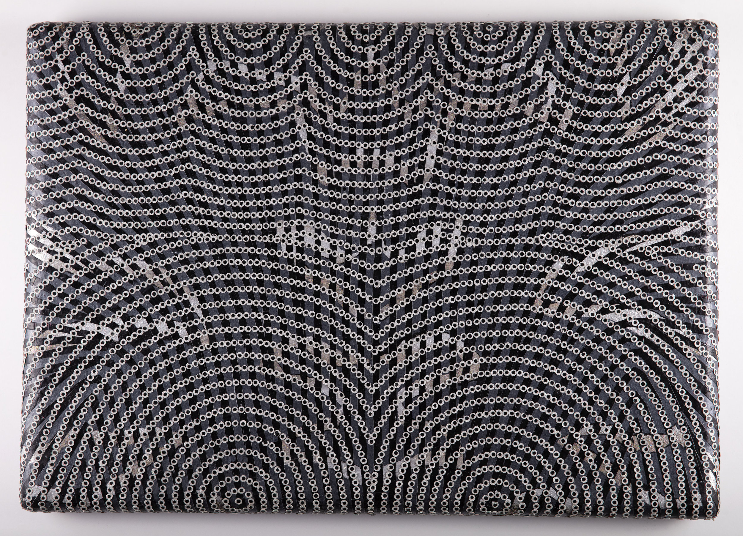   Black Veil, 2019   Acrylic, embossed metallic paper, and cut painted paper on canvas over shaped panel, 18.5 x 25.5 inches 