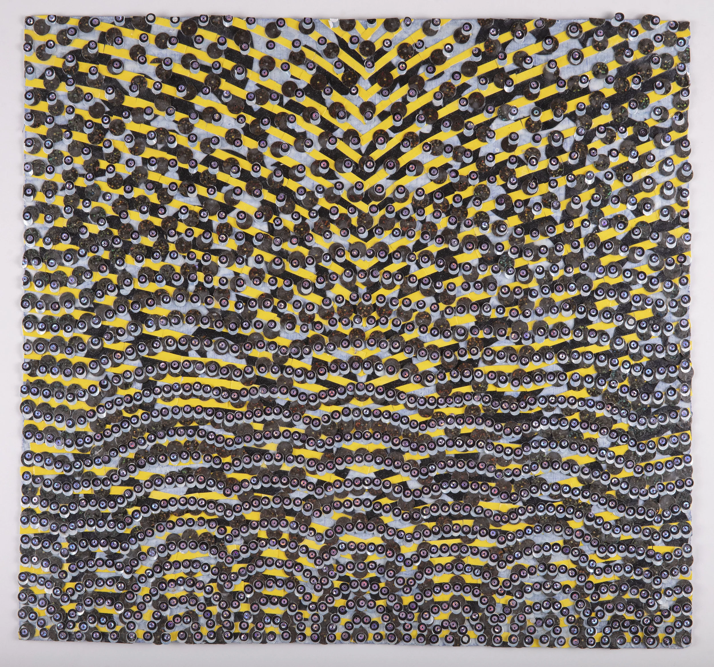 Murmur, 2017 Acrylic, glitter, sequins, and cut painted paper on canvas on paper, 15 x 16 inches