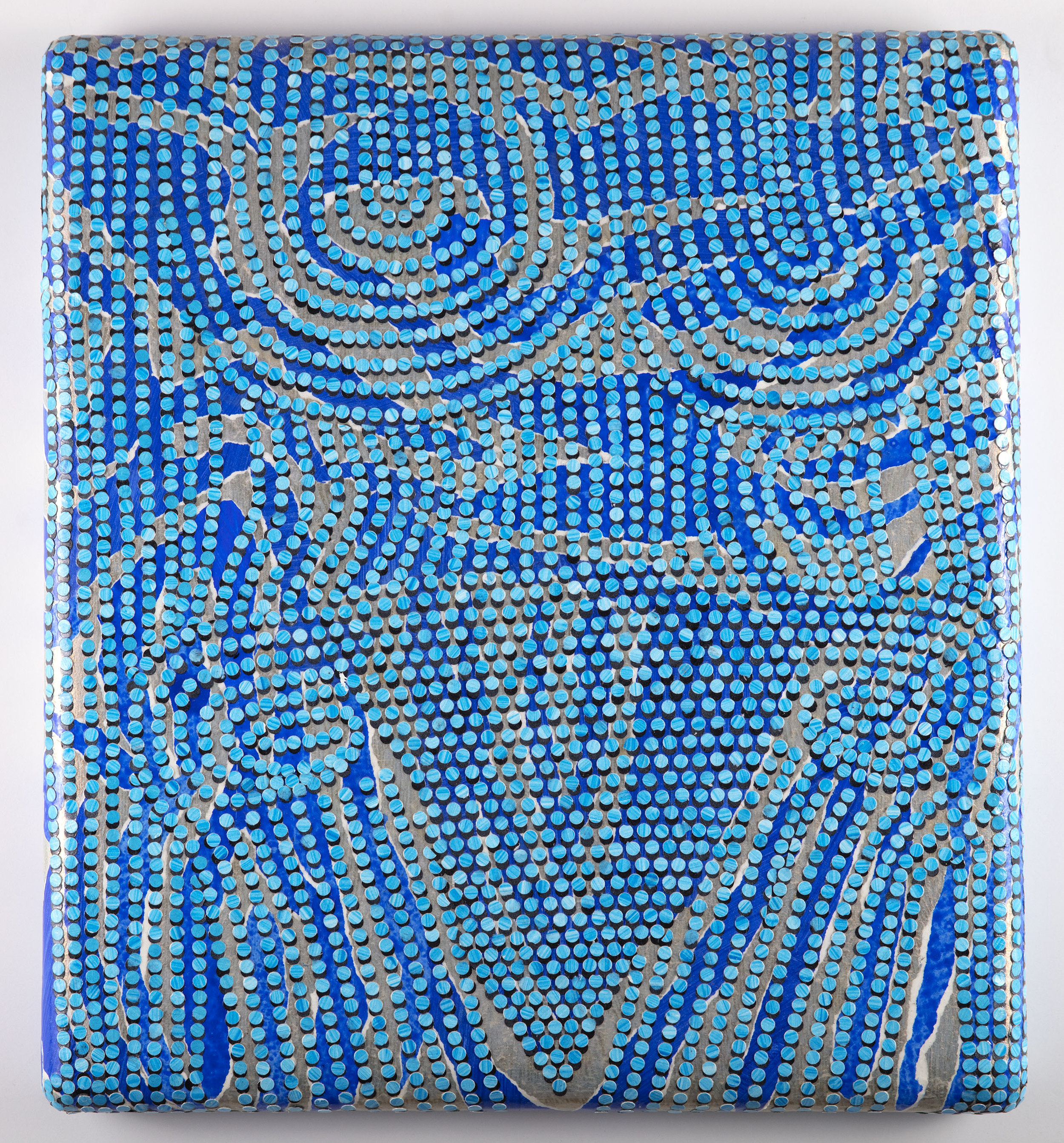   Brujazul, 2017   Acrylic and cut painted paper on canvas over shaped panel, 17.5 x 19.5 inches 