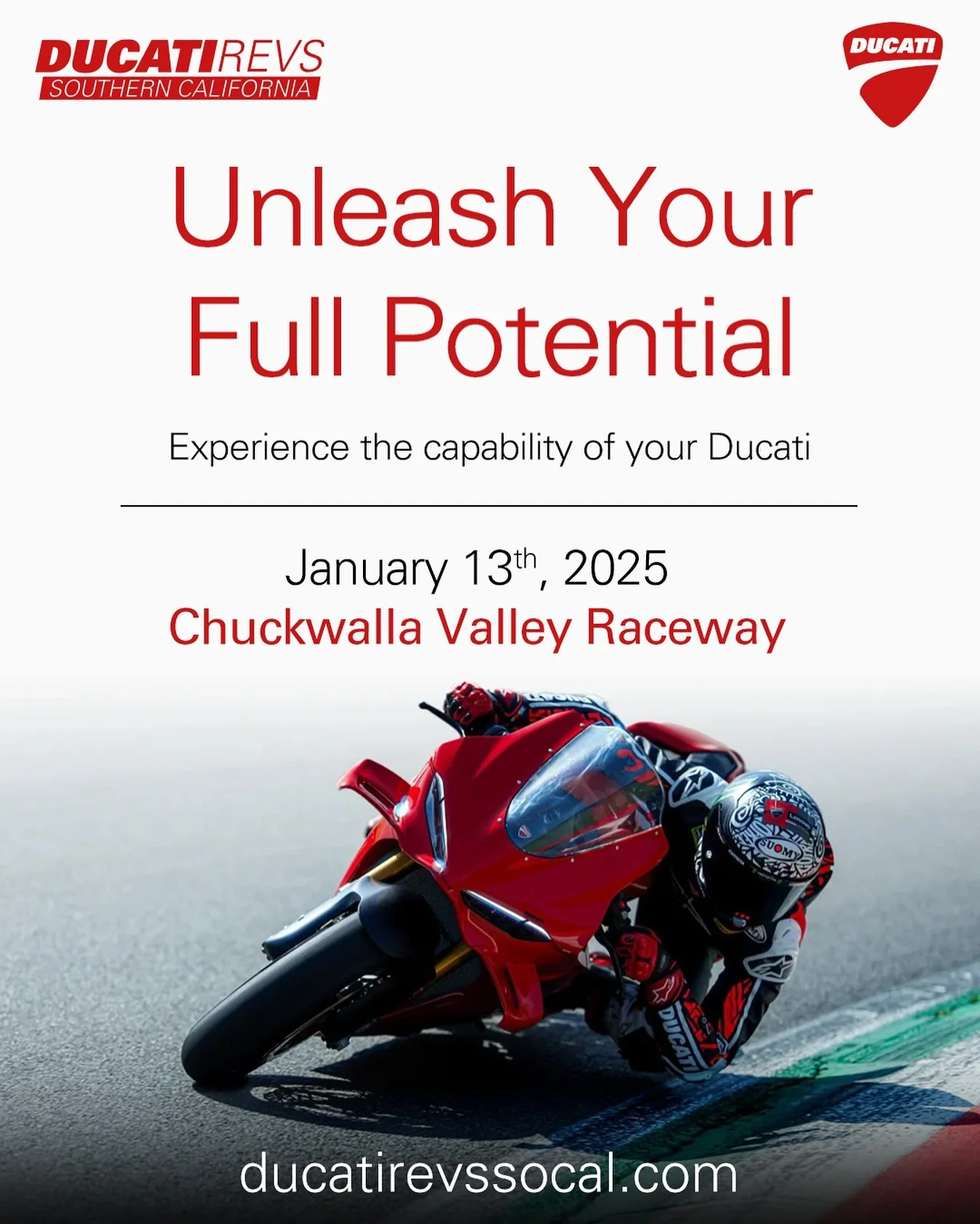 We are excited to be bringing Ducati REVS SoCal back to @chuckwallavalleyraceway on January, 13th! This event promises to offer the perfect opportunity to experience all your machine has to offer whilst sharpening your skills through classroom instru