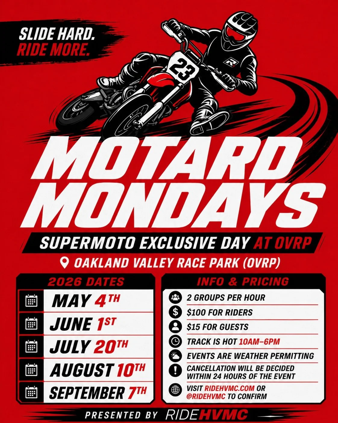 🏁 Motard Mondays at @ovrp1 are here!!!! Starting this Monday, May 4th. We are stoked to announce five Supermoto Exclusive Days presented by RideHVMC at OVRP in Cuddebackville, NY!

2026 Dates:
May 4th
June 1st
July 20th
August 10th
September 7th

2 