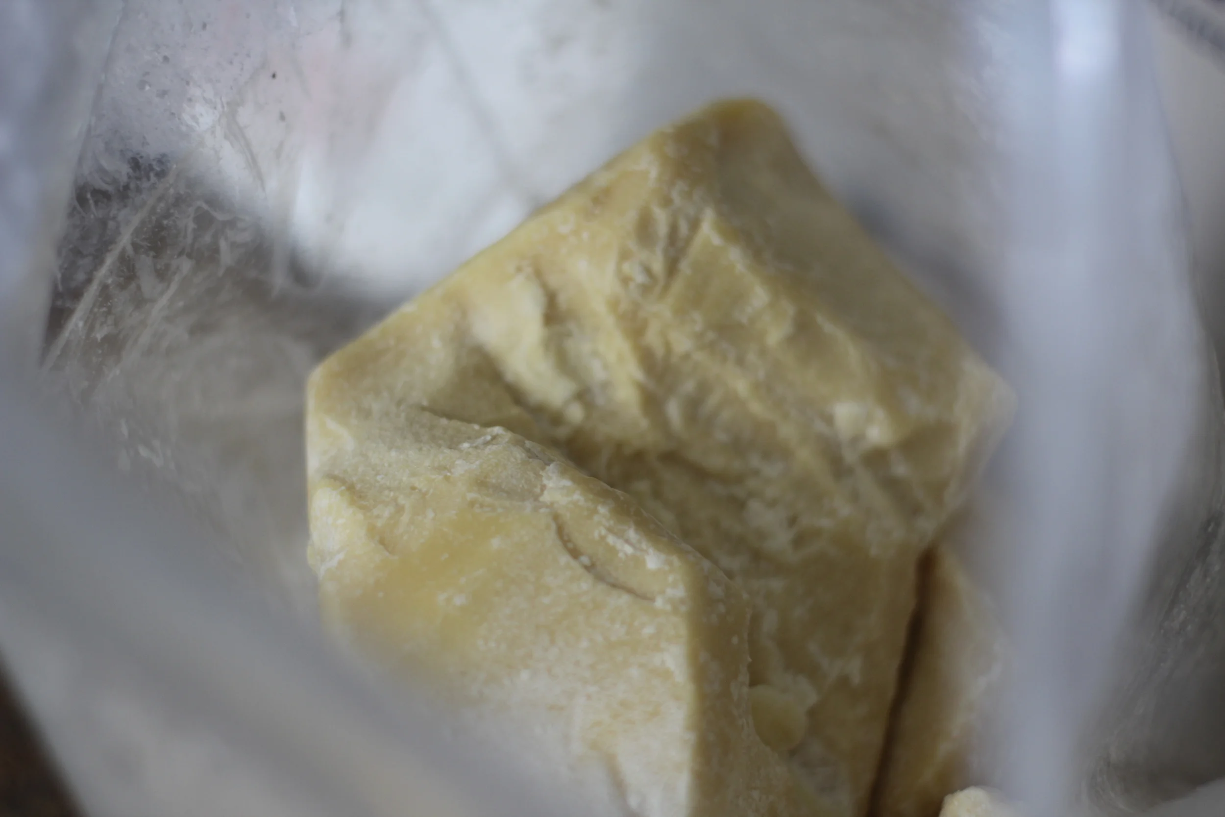 This is cocoa butter in its solid form. Looks kinda like white chocolate, right?!