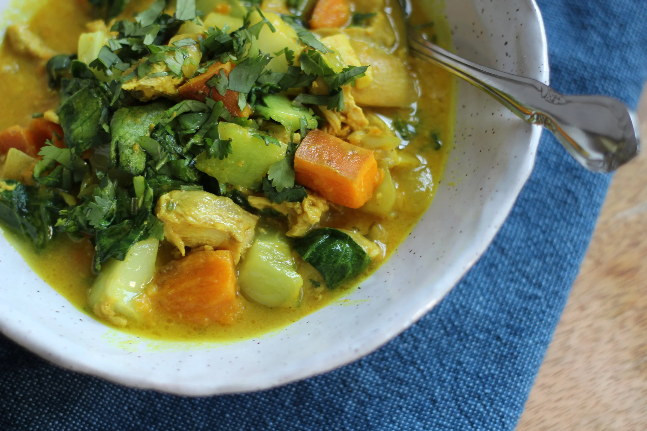 Burmese inspired curry with chicken, sweet potatoes and bok choy