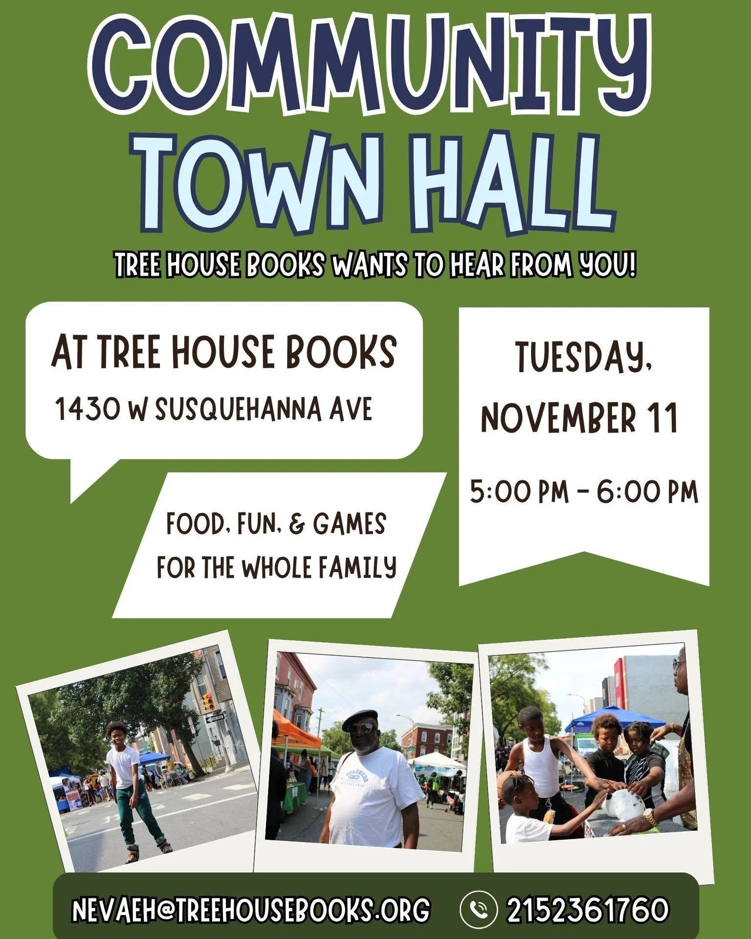 Town Halls are back! We cannot wait to join you for games, a bite to eat, and conversation about upcoming projects with Tree House Books. Join us on November 11th from 5:00 pm to 6:00 pm! We want to hear from you!