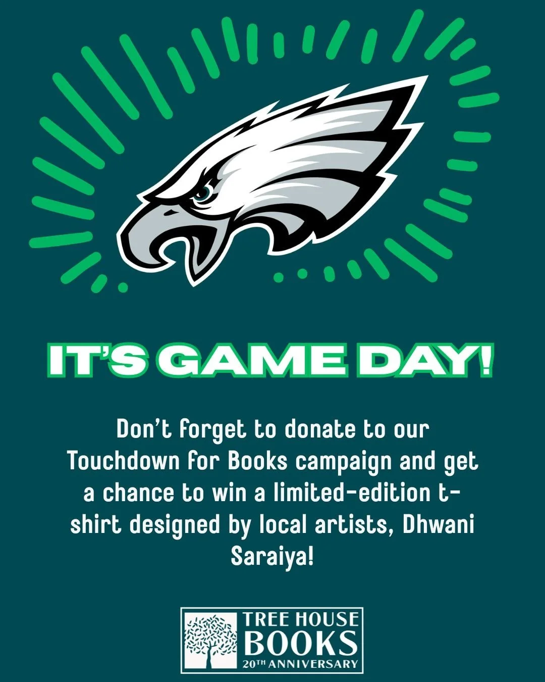 Happy Saturday! Our Touchdown for Books campaign in still running, and so close to our goal! Follow the link to donate: https://lght.ly/7abm8ka

Go Birds!