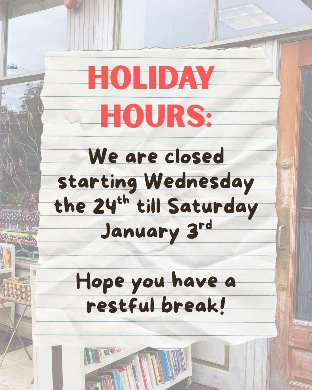 Our staff is taking a holiday break to rest and recharge. We appreciate all the support this past year, and can't wait to be back serving the community in the new year!