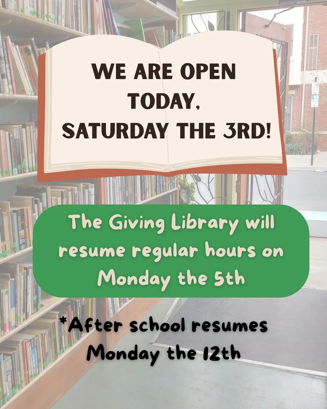 And we're back! The Giving Library is open today for regular hours, 10 am - 3 pm. Come on in and get a start on your reading goals this year!