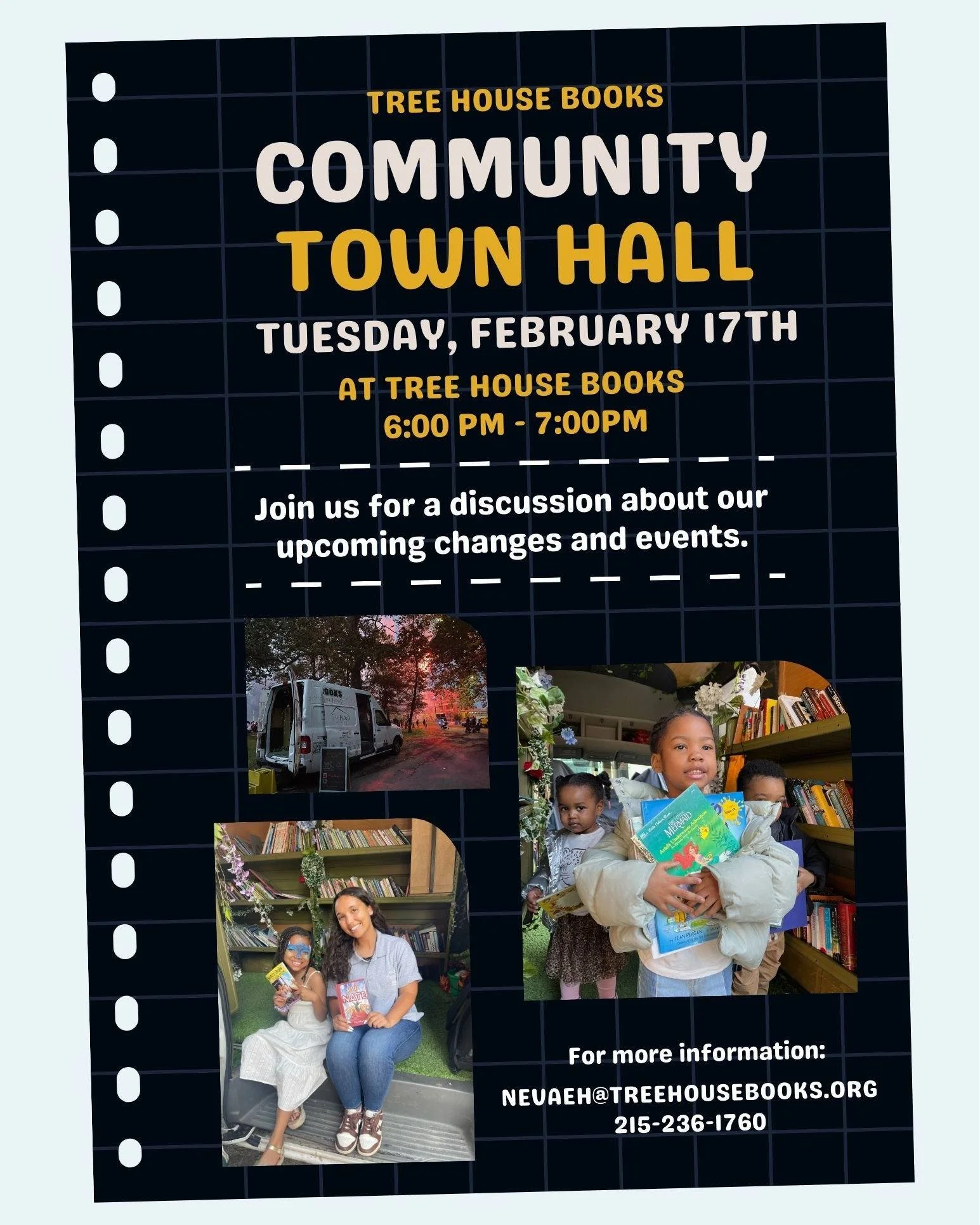 Calling North Philly community! Join us for an update on the future of Tree House Books and our upcoming events. 

We can't wait to see you there! Email nevaeh@treehousebooks.org with any inquires. 

#LiteracyMatters #changemaker #TreeHouseBooks #par