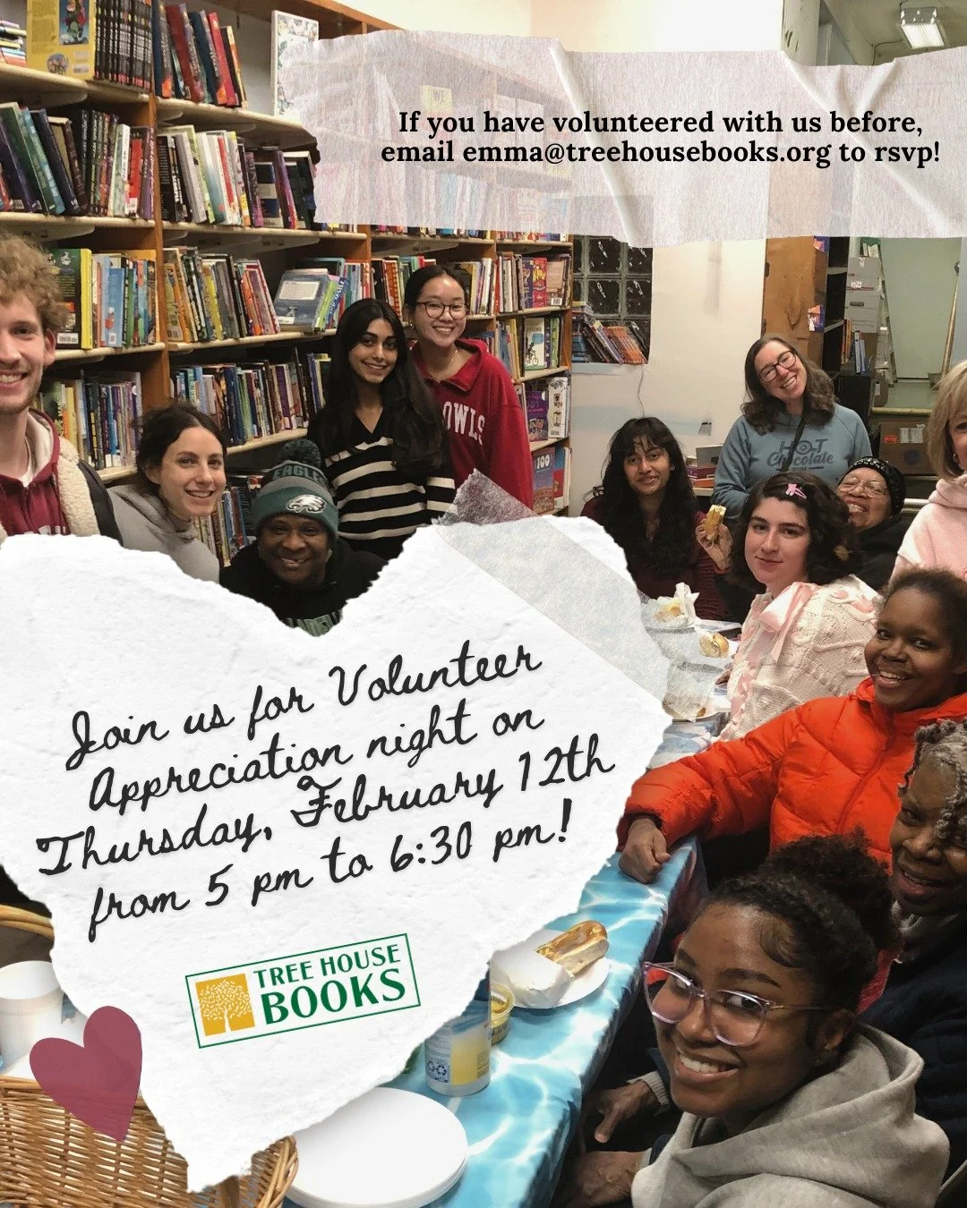 Calling all Tree House Books volunteers!

We would love to see you Thursday, February 12th for our volunteer appreciation event going from 5 pm to 6:30 pm to show how much we are grateful for all you do for Tree House Books! 

Ever volunteered for us