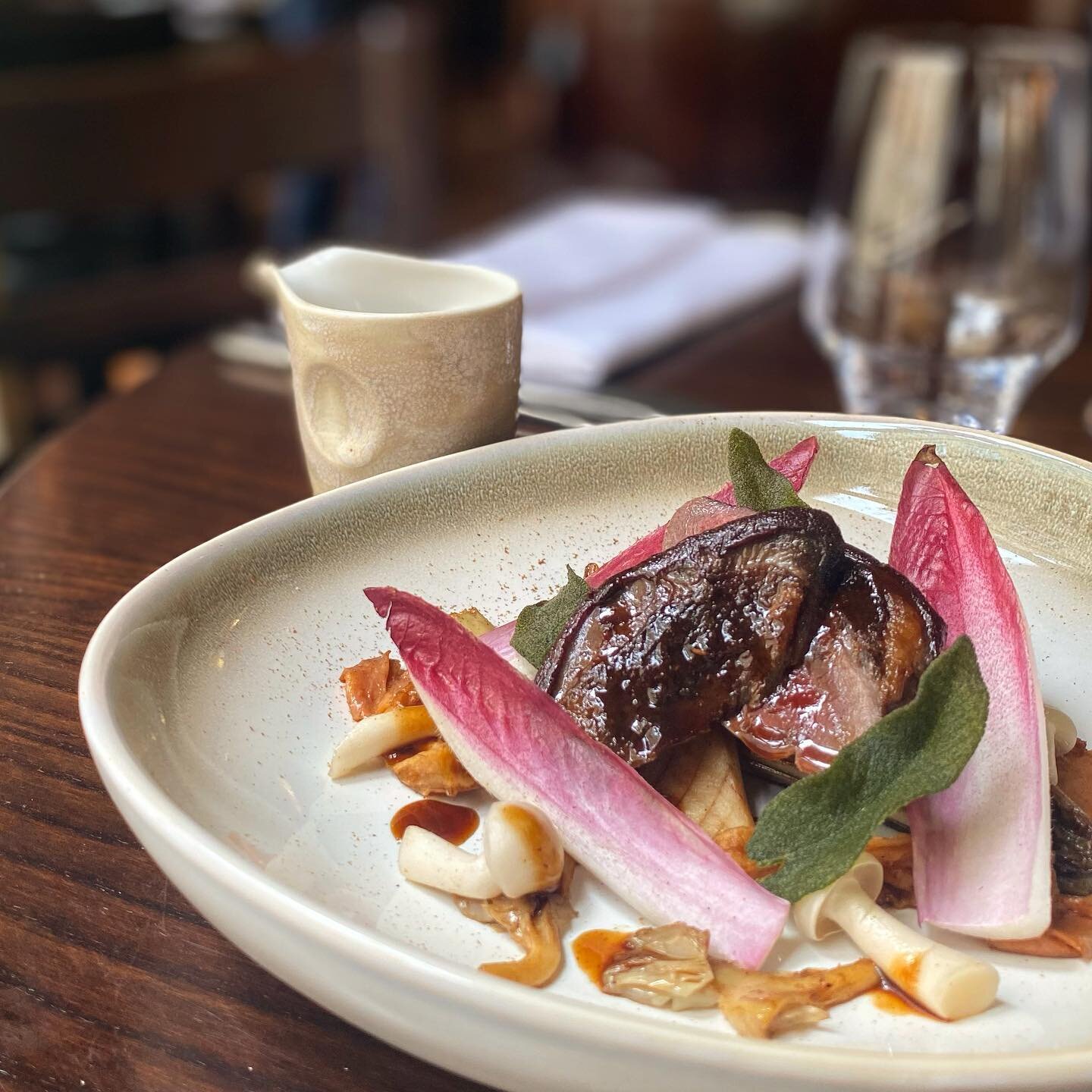 Pigeon-braised chicory, wild mushroom and mushroom tea 
&bull;
&bull;
&bull;
#bath #chef #pigeon #wildmushroom #mushroom #game #cook #food #newmenu #new #autumn #restaurant  #wine #bar #eatout #instafood #tea