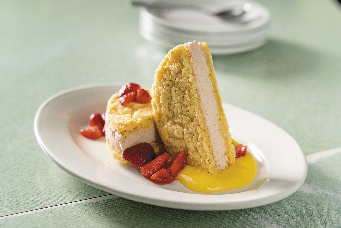 strawberry ice cream sandwich with corn cookies, lemon curd, and n.c. strawberries