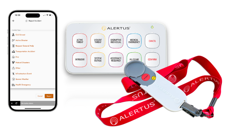 AlertAware Mobile App, USB Multi Panic Button, and WiFi Panic Button.