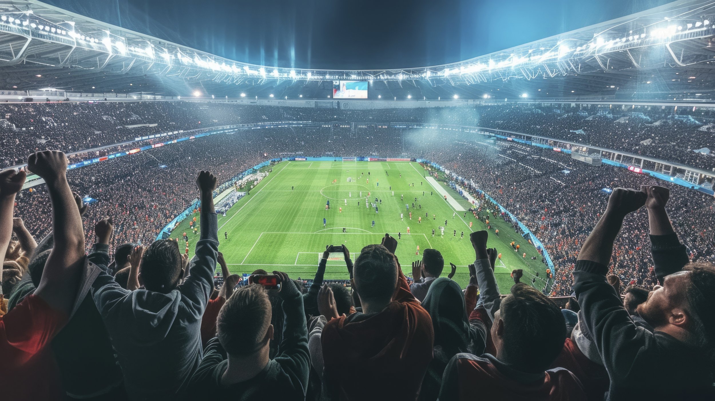 Fans cheer on teams in large soccer stadium.