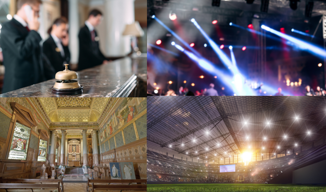 Hotel, concert, sports, and museum venues