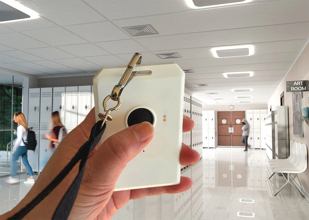 The Alertus Personal Duress Badge has a concave button design that can be easily located and pressed in an emergency.