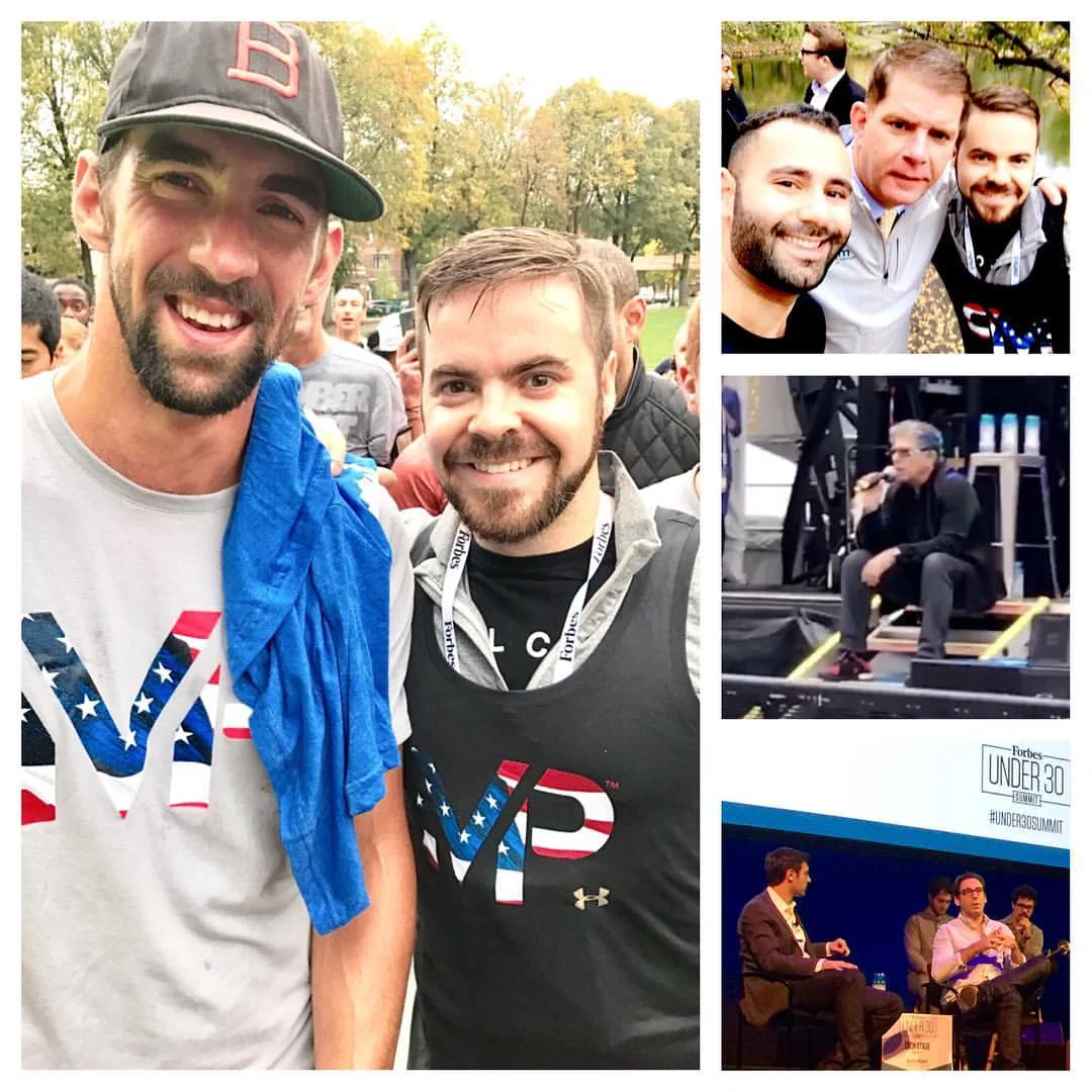 Dan Jacob and Michael Phelps at the Forbes 30 Under 30 Summit, 2016