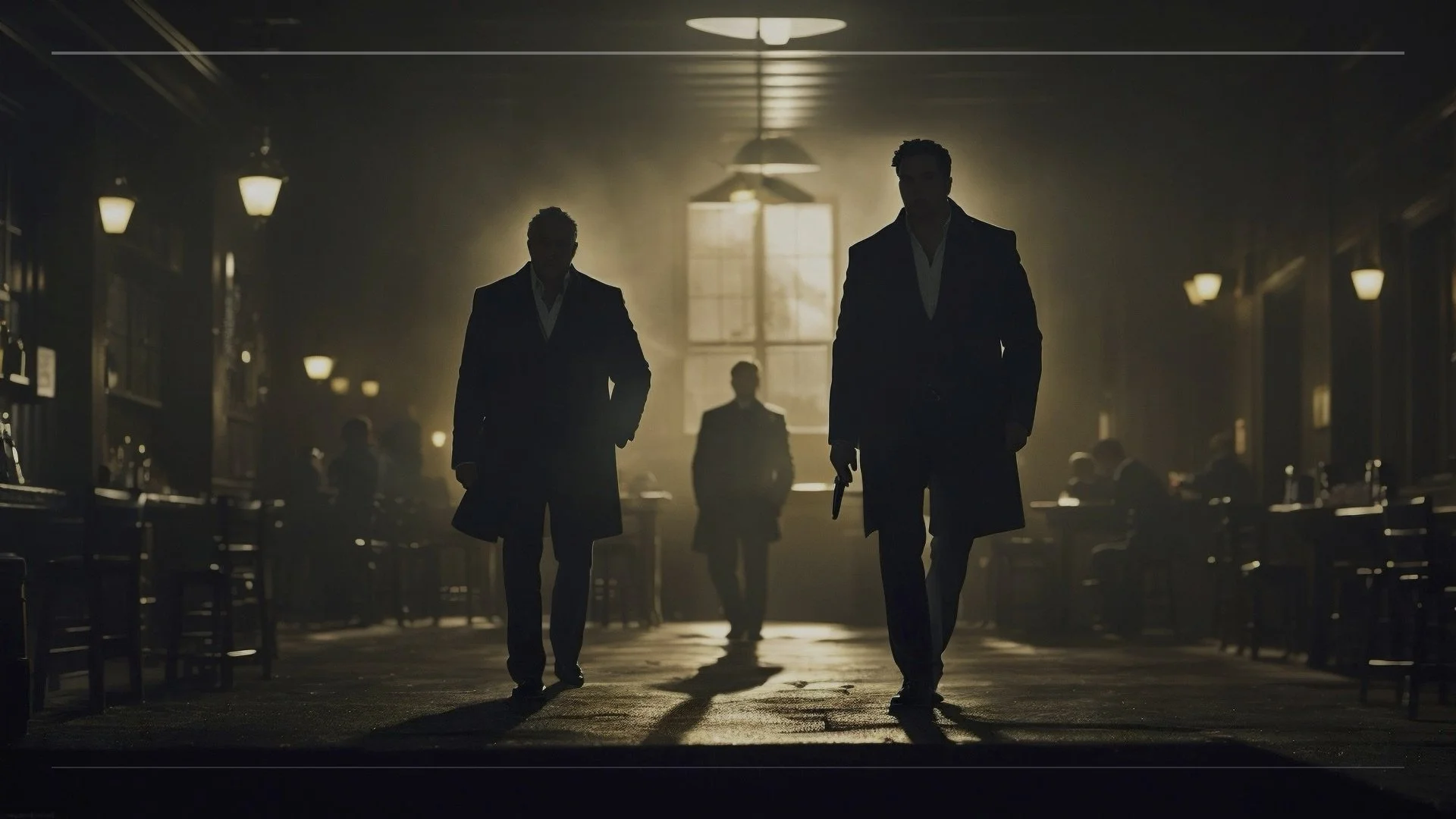 Hero image for IMMANENT, an upcoming independent sci-fi thriller featuring three mysterious figures inside a moody tavern.