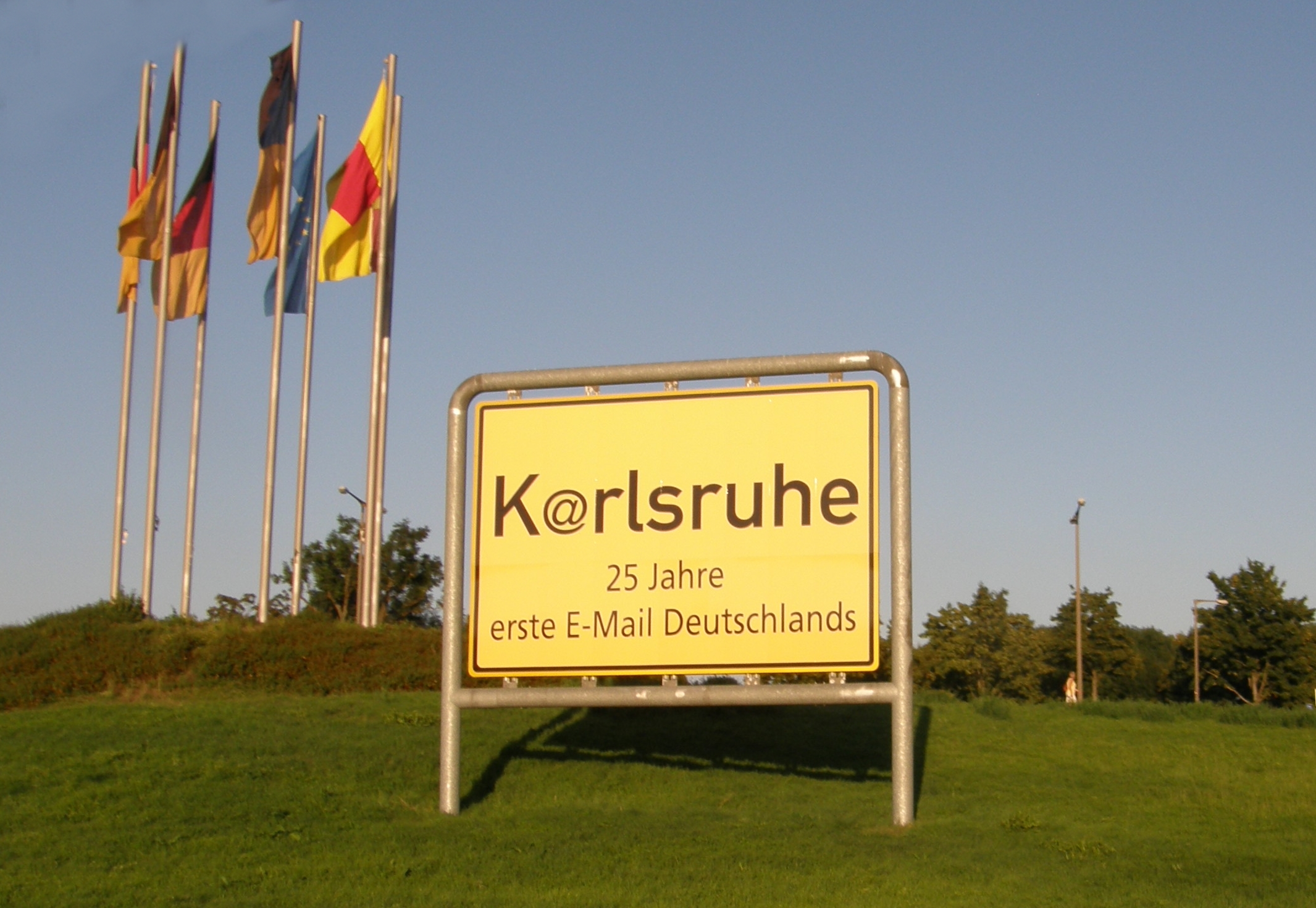 Karlsruhe, Germany was apparently the site of the first email from Germany to the US. The @ symbol may be called an Affenschwanz , or monkey's tail, in German. One day, maps will refer to this place as Kaffenschwanzruhe. This image is from StromBer on Wikimedia Commons .