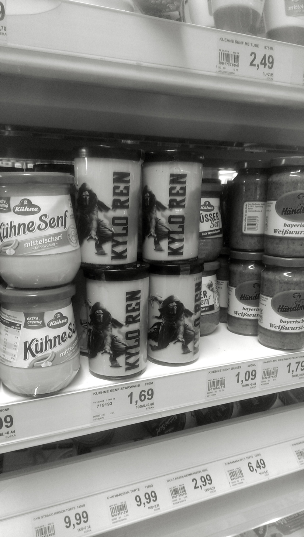 This is Star Wars themed mustard. I imagine one can buy a similar product in the US but this is one mustard of many in your average German supermarket. All the photos I took on this trip are monochromatic.
