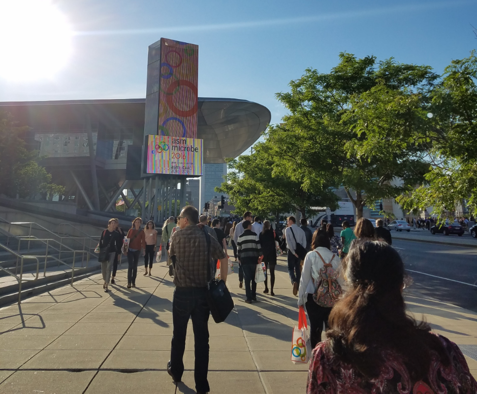 A sunny day outside the convention center. In a near-future dystopia, convention attendees could be tracked across the city by searching surveillance feeds for their distinctive swag bags. 