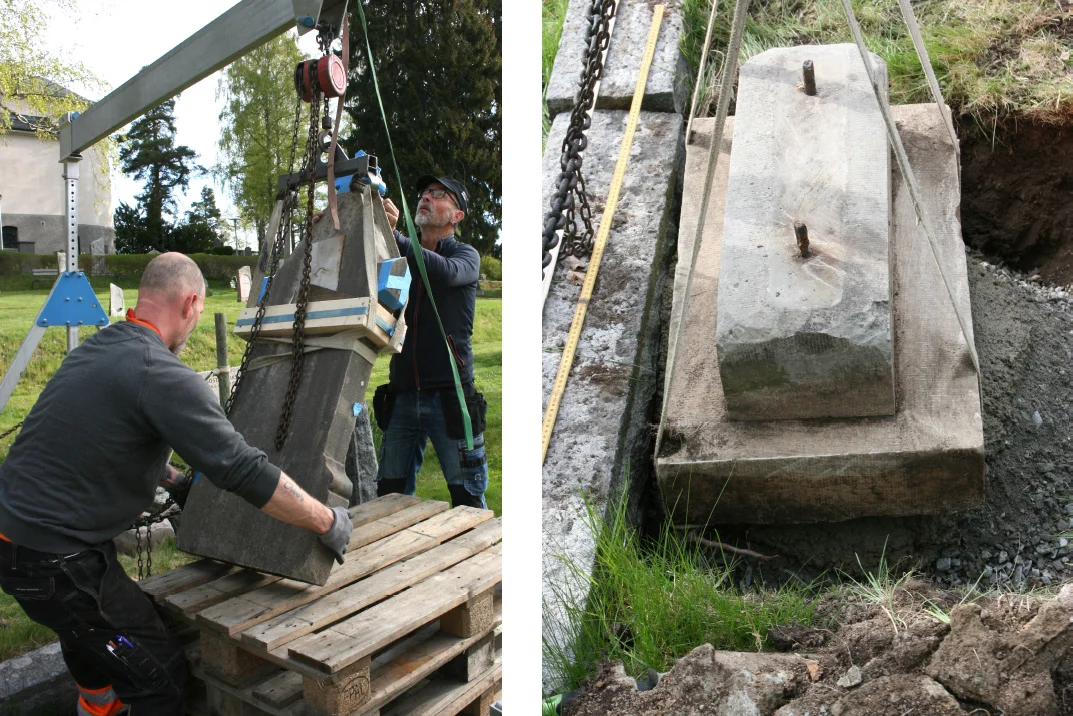 Gravstenarna som lutade rätades upp och de vars postament sjunkit ner i backen lyftes upp och postamentet grävdes fram.