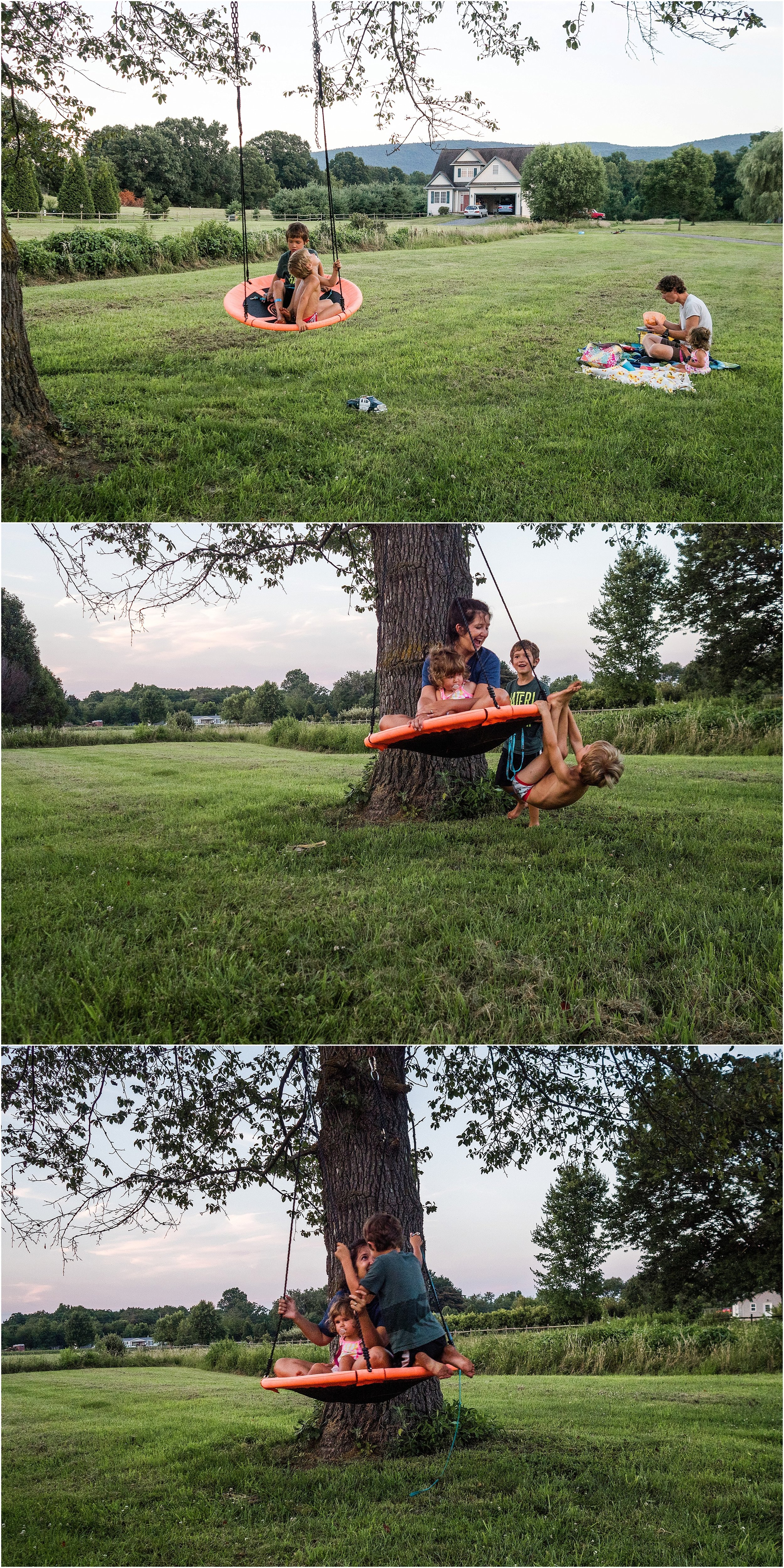 swing outside of home, family picnic