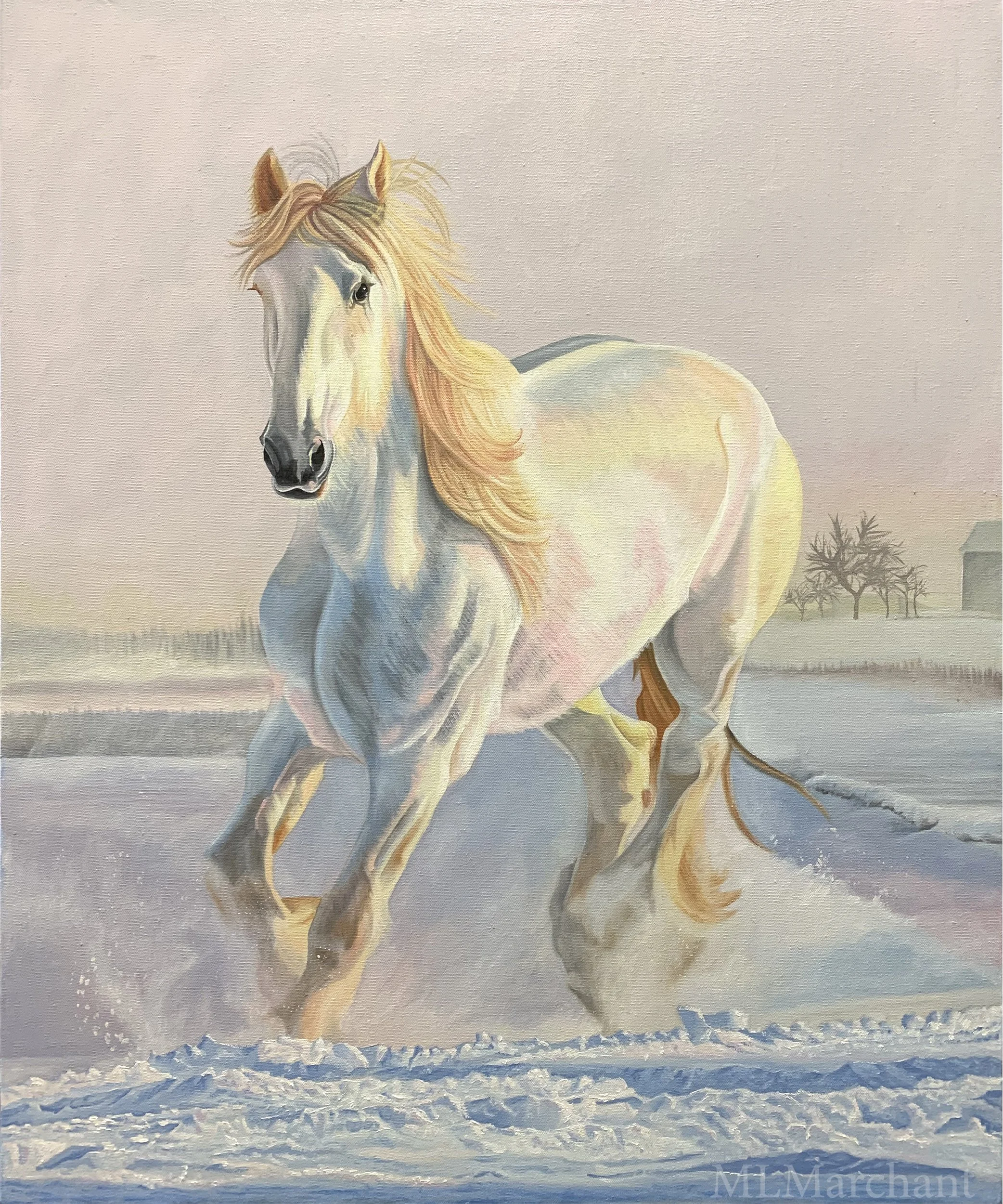 Original oil painting of a white horse running in the snow
