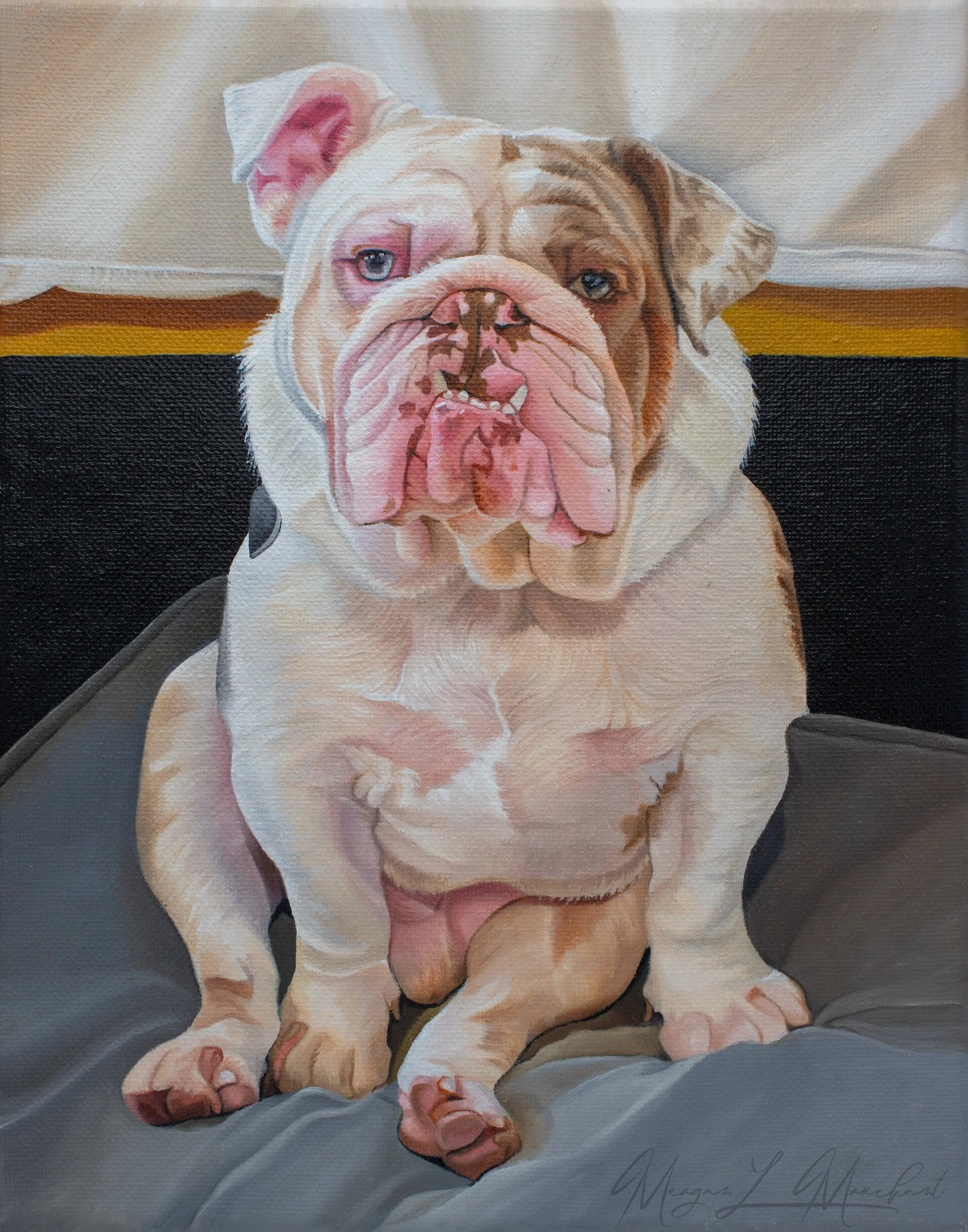 Custom hand painted pet portrait of a bulldog sitting on a dog bed