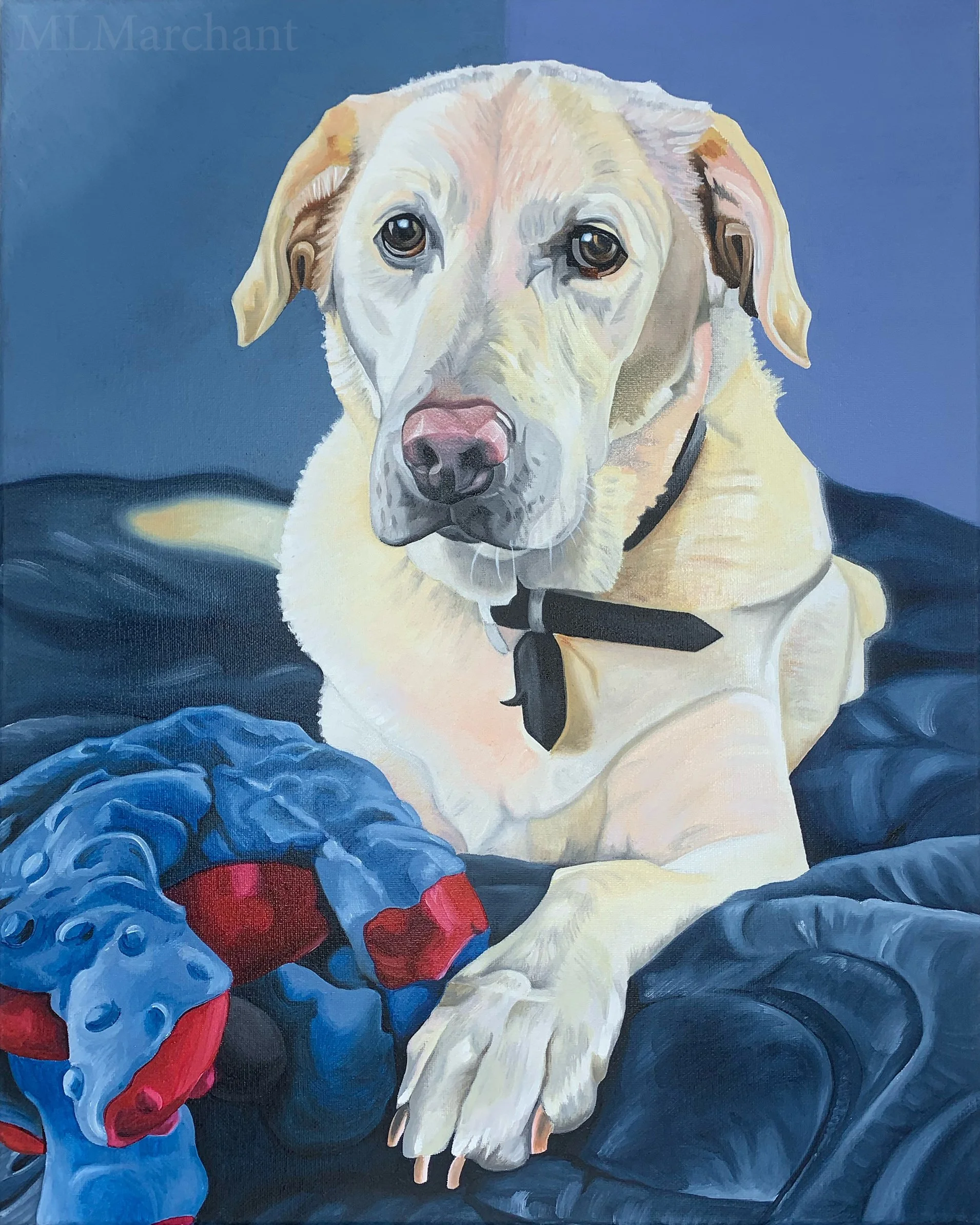 Custom hand-painted oil portrait of a yellow lab laying on a blue blanket with a stuffed toy