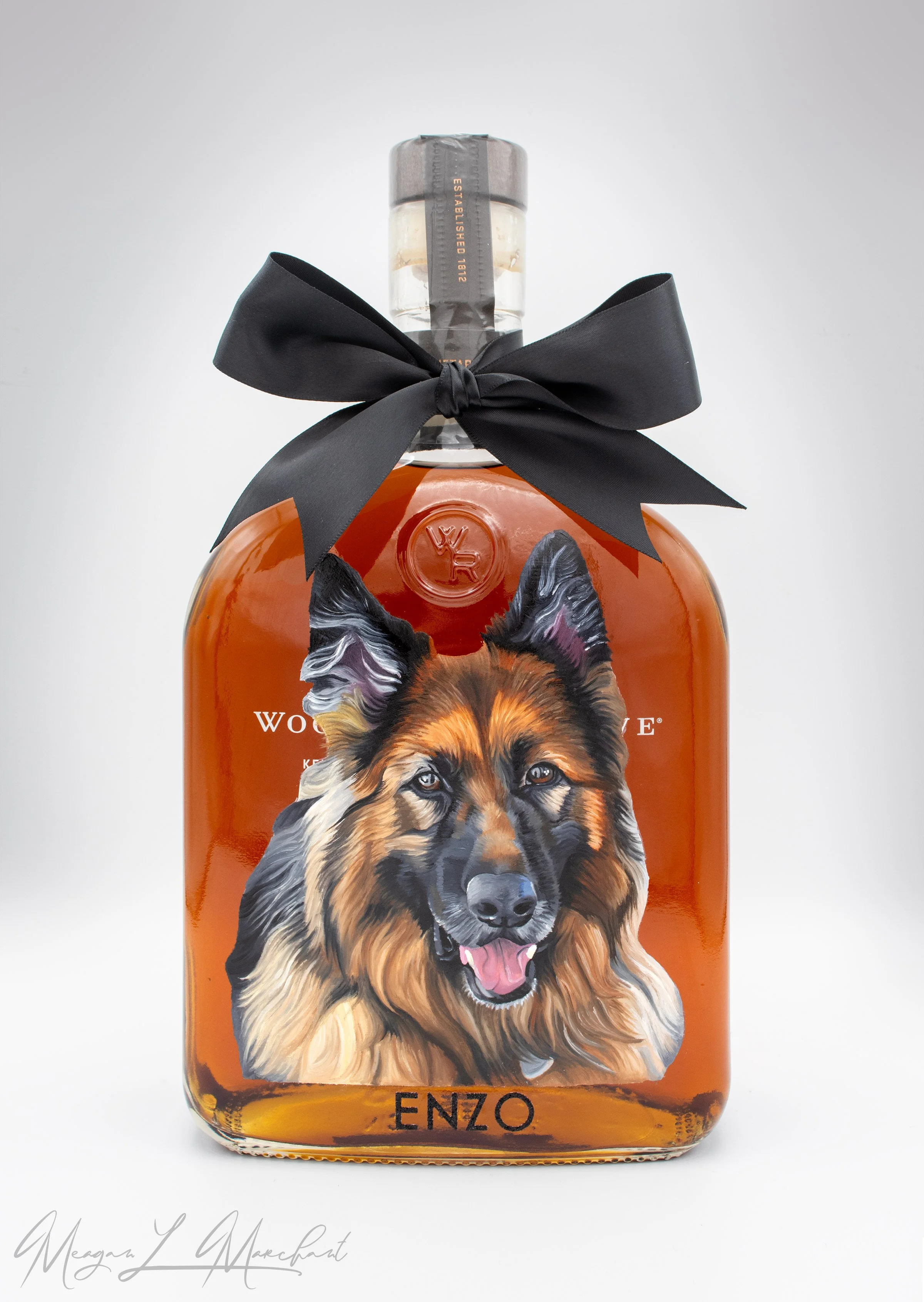 Hand-Painted German Shepherd on Woodford Reserve Whiskey Bottle – Unique Dog Portrait Gift &amp; Bar Décor