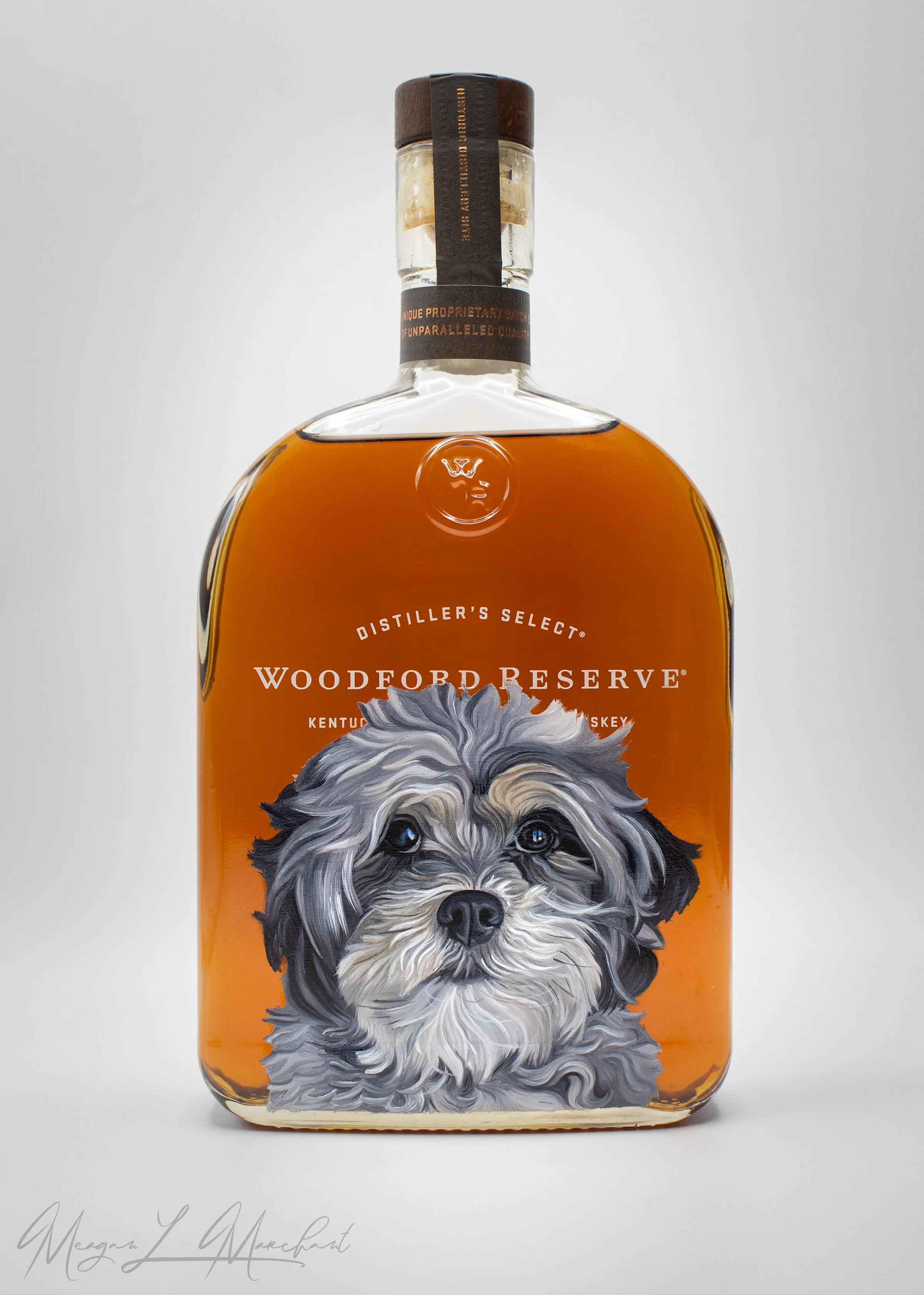 Hand-Painted Lhasa Apso Shih Tzu mix on Woodford Reserve Whiskey Bottle – Unique Dog Portrait Gift &amp; Bar Décor