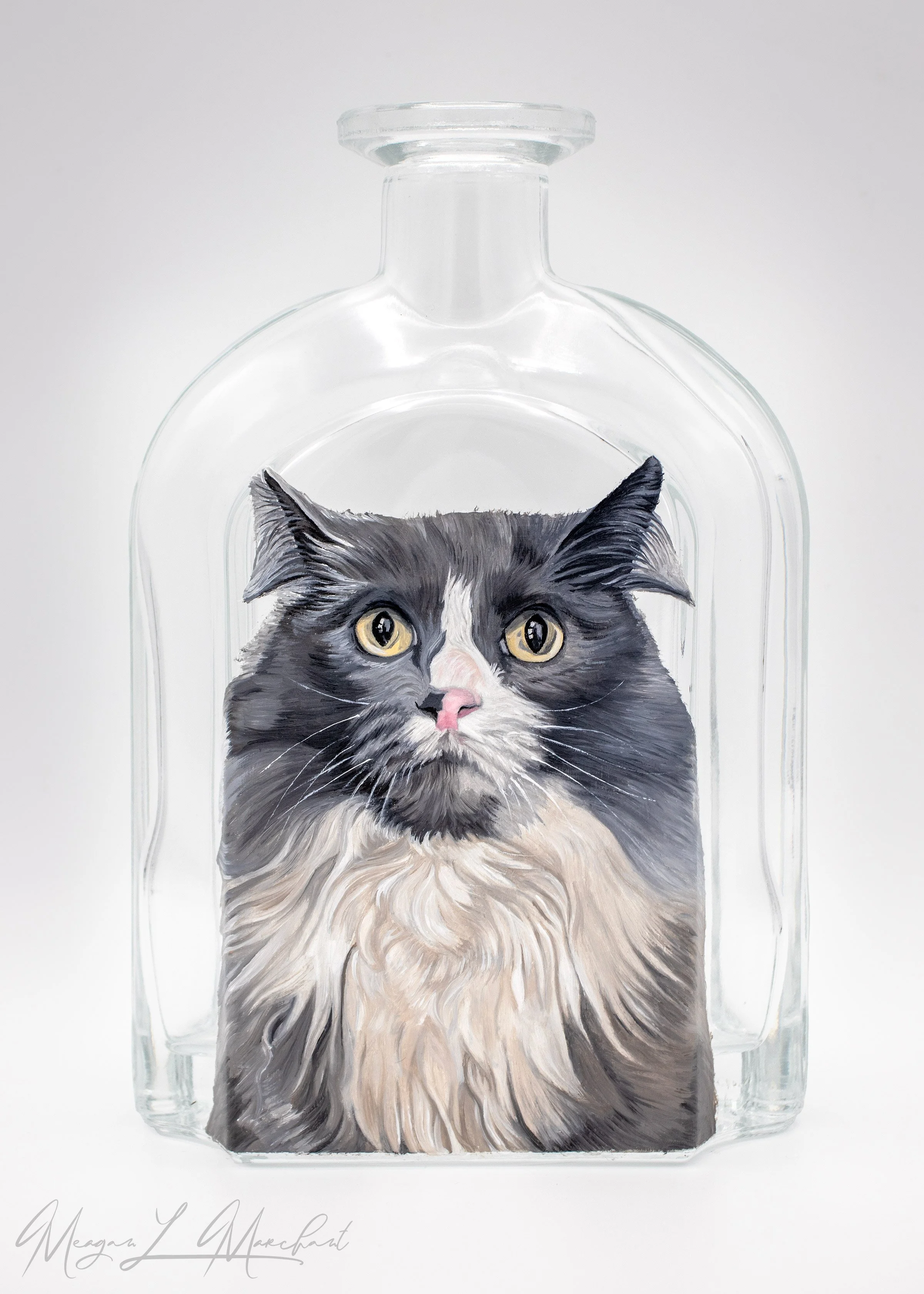 Hand painted oil painting of a cat on a glass decanter bottle