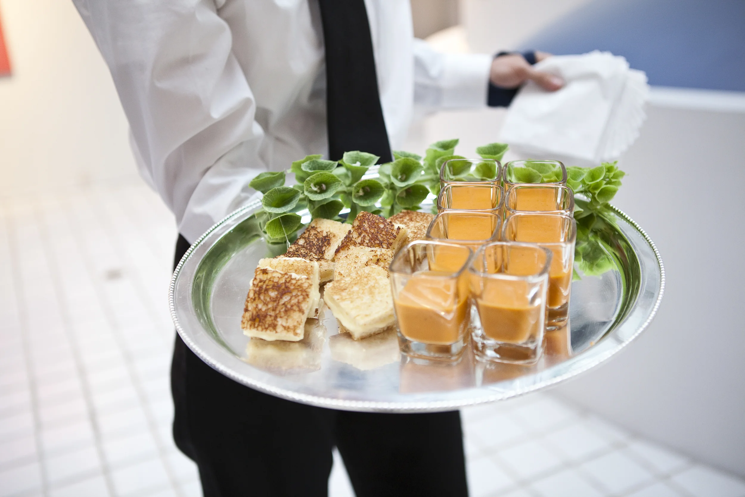 Grilled Cheese Sandwiches with a creamy roasted tomato and basil soup shooter
