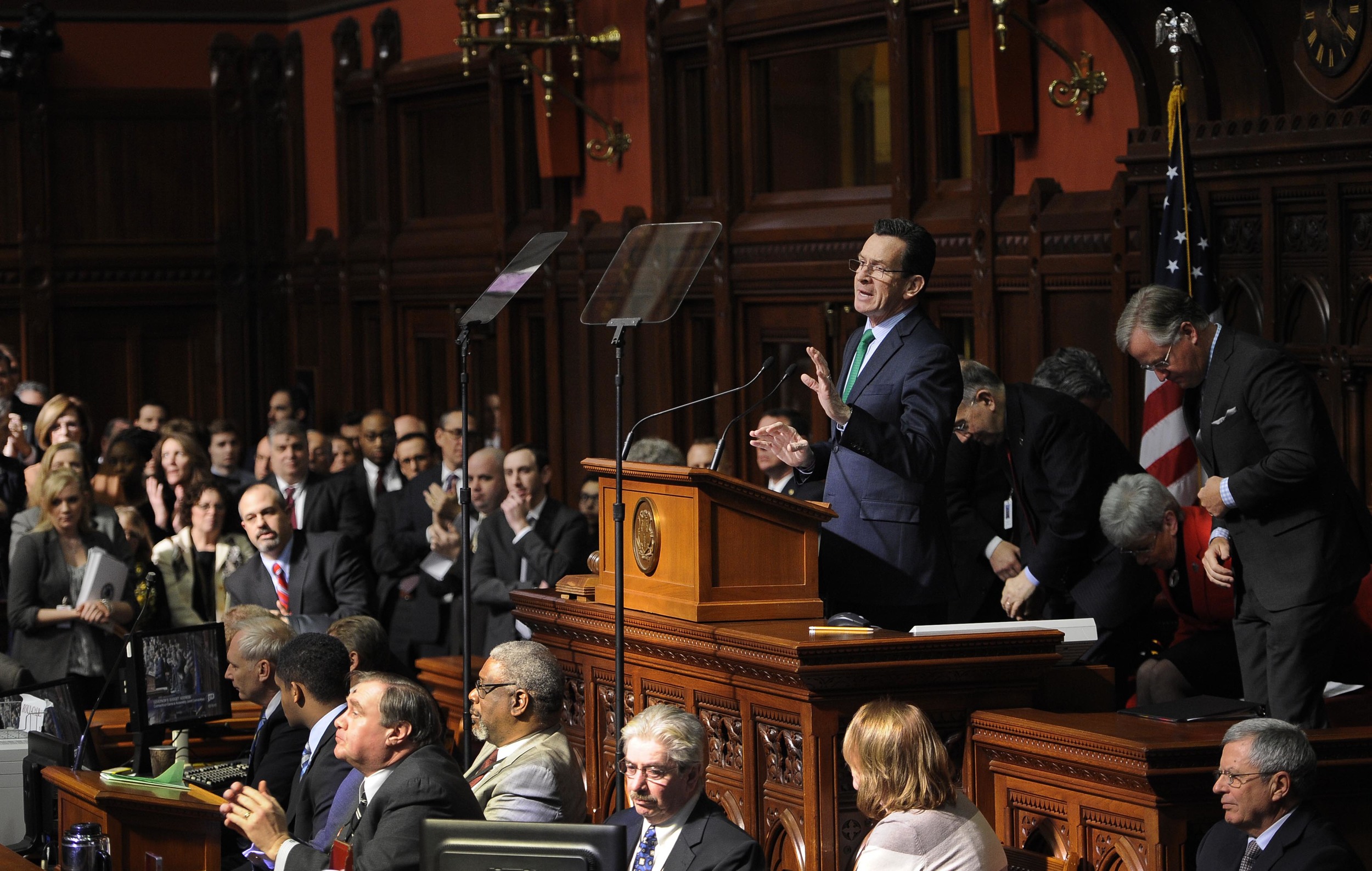 Connecticut Gov. Dannel P. Malloy delivers his budget address to the senate and house inside the Hall of the House at the State Capitol, Wednesday, Feb. 18, 2015, in Hartford, Conn. (AP)