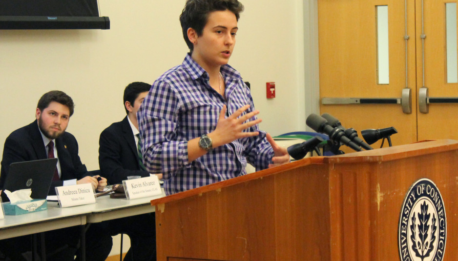 USG President Rachel Conboy speaks during the student government's meeting on Wednesday, March 11, 2015. (Steven Quick/The Daily Campus)