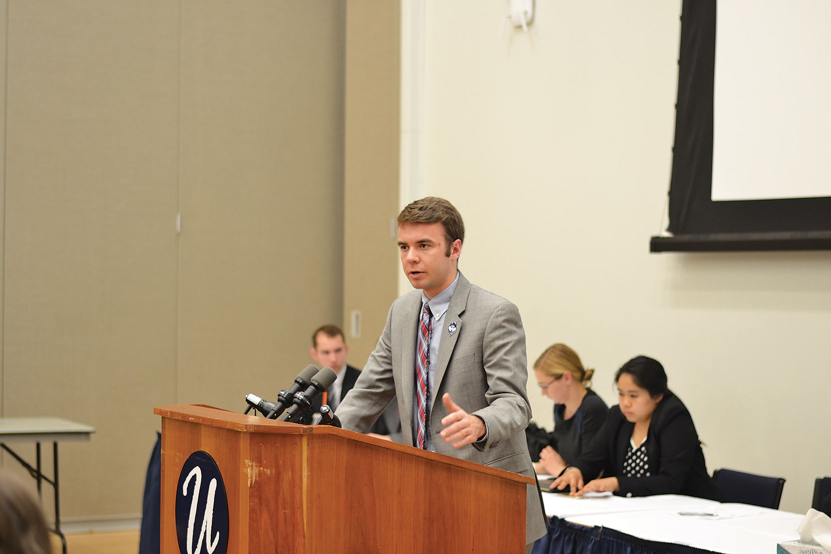 Undergraduate Student Government Vice President Adam Kuegler speaks during a senate meeting at the UConn Student Union on April 29, 2015. (Amar Batra/The Daily Campus)