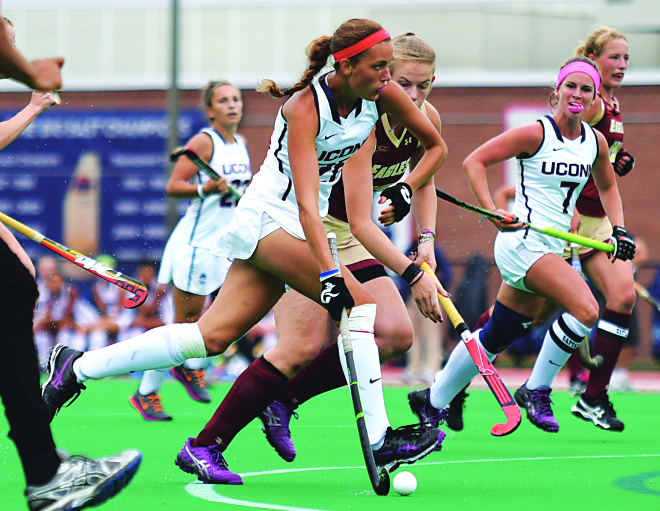 UConn sophomore forward Charlotte Veitner runs downfield during the Huskies' game against Boston College on Sunday, Sept. 13, 2015 at the Sherman Family Sports Complex in Storrs, Connecticut. (Allen Lang/The Daily Campus)