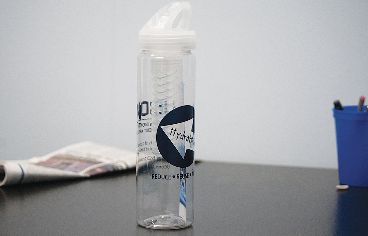 In this photo, one of the water bottles UConn is offering to first-year students is pictured. The initiative, which has gone on and off for the past 15 years due to budget reasons, is possible this year through the collaboration of UConn’s Dining Services, Office of Environmental Policy and Alumni Association. (Amar Batra/The Daily Campus)