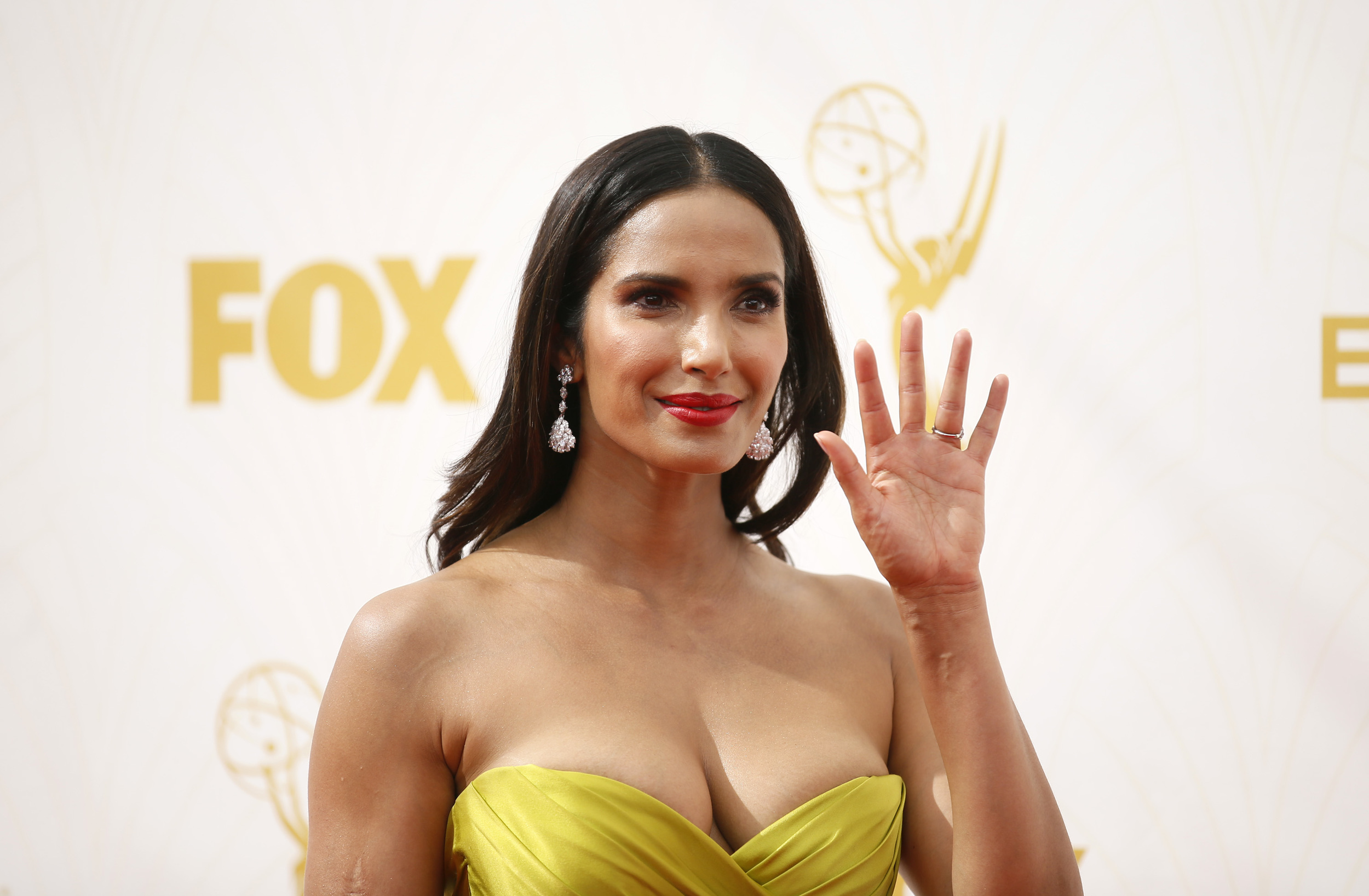 Padma Lakshmi arrives at the 67th Primetime Emmy Awards on Sunday, Sept. 20, 2015, at the Microsoft Theater in Los Angeles. (Danny Moloshok/Invision for the Television Academy/AP)