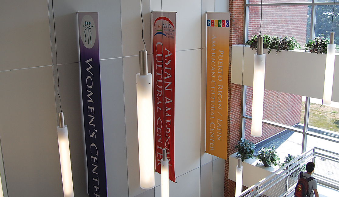 In this photo, banners of various student organizations and cultural centers are pictured in the Student Union. Students had the chance to learn about the many cultural centers and organizations on campus at UConn's Cultural Center Open House on Wednesday. (Ashley Maher/The Daily Campus)