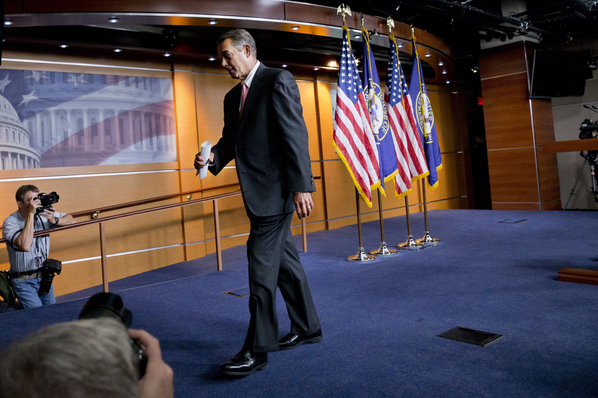 House Speaker John Boehner of Ohio leaves a news conference on Capitol Hill in Washington, Friday, Sept. 25, 2015. In a stunning move, Boehner informed fellow Republicans on Friday that he would resign from Congress at the end of October, stepping aside in the face of hardline conservative opposition that threatened an institutional crisis. (Jacquelyn Martin/AP)