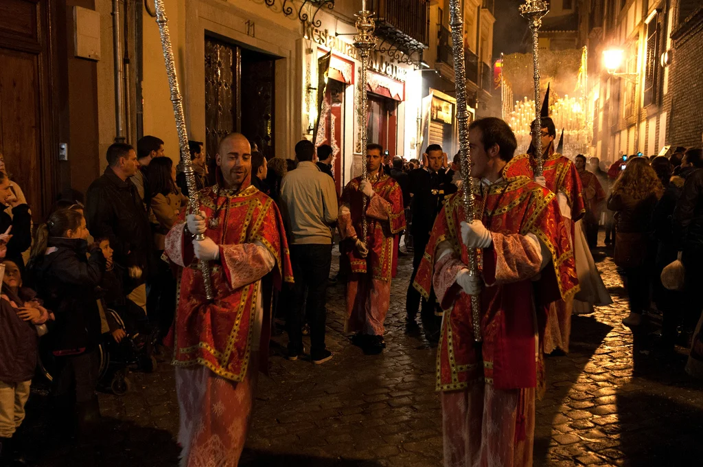Semana Santa, or Holy Week, processions in Granada, Spain. The religious festivities take place during Easter week and are an example of the countries Catholic ties, which are strong but less intense than Miller expected. (Anna &amp; Michal/Flickr)